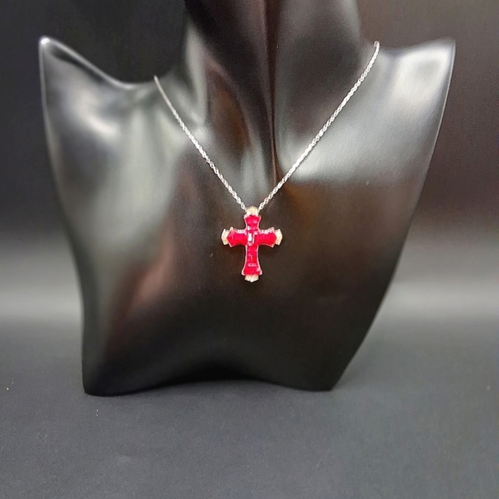 🔥Reduced! Invisibly Set Created Ruby Cross In Rhodium over Silver 2.0 ctw - Picture 2 of 5